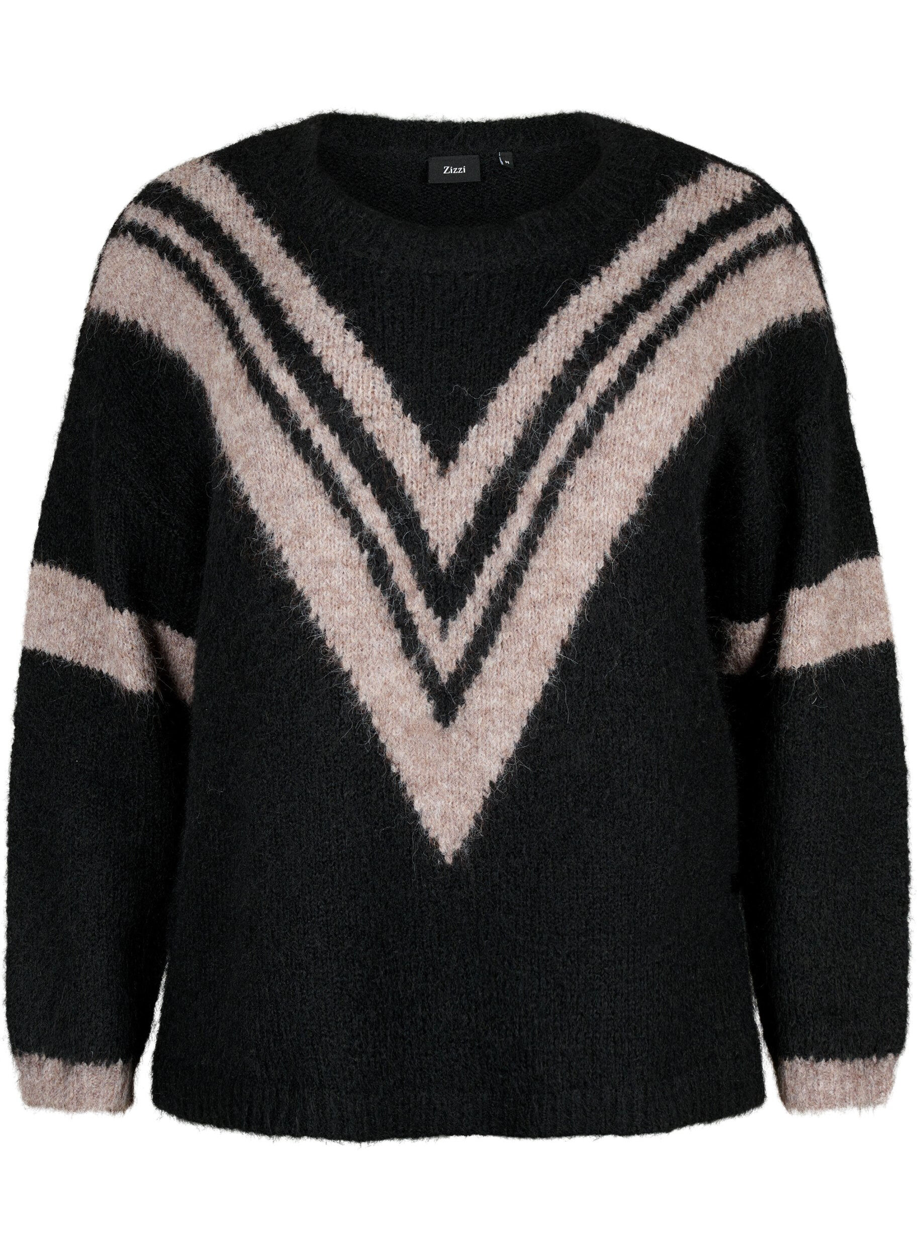 Zizzi Gestrickter Pullover mit Streifendetail, Black Comb, Packshot image number 0