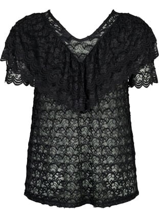 Kurzärmelige Bluse mit Rüschen, Black, Packshot image number 1