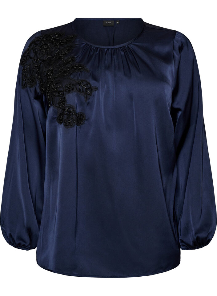 Satinbluse mit Spitzenapplikationen und Perlen, Blau, Packshot image number 0