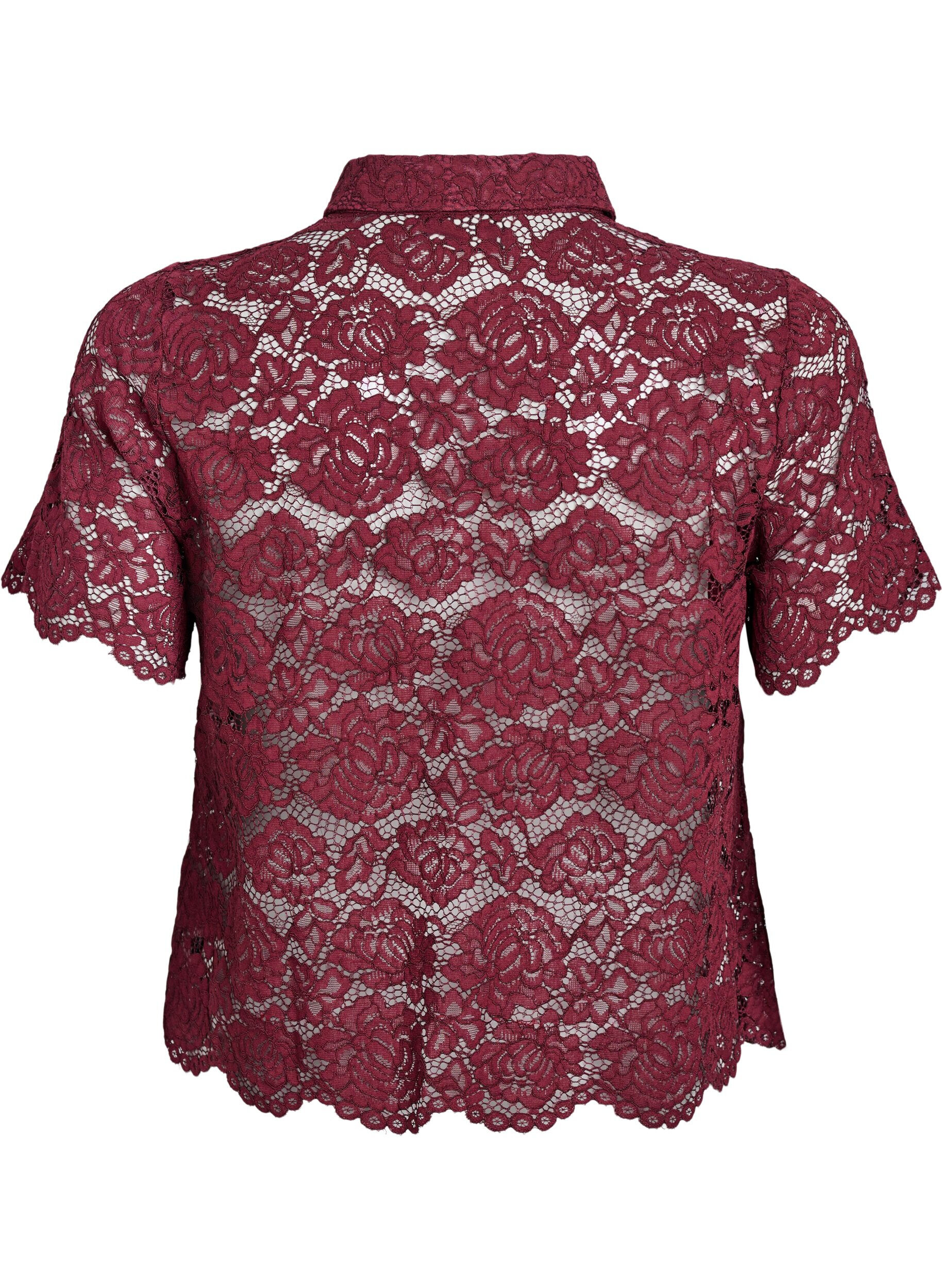 Zizzi Spitzen blusenshirt mit perlenkn&ouml;pfen, Dunkles Bordeaux, Packshot image number 1