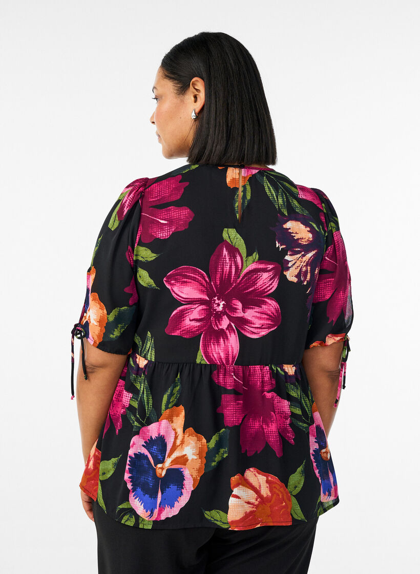 Bluse mit gebl&uuml;mtem Print und Peplum, Schwarz, Model image number 2