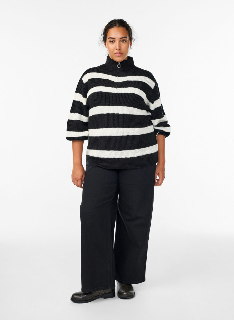 Strickpullover mit hohem Kragen und Rei&szlig;verschluss, Schwarz, Model image number 1