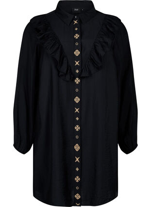 Hemdblusenkleid mit Rüschen und Stickereien - Schwarz - Gr. 42-64 