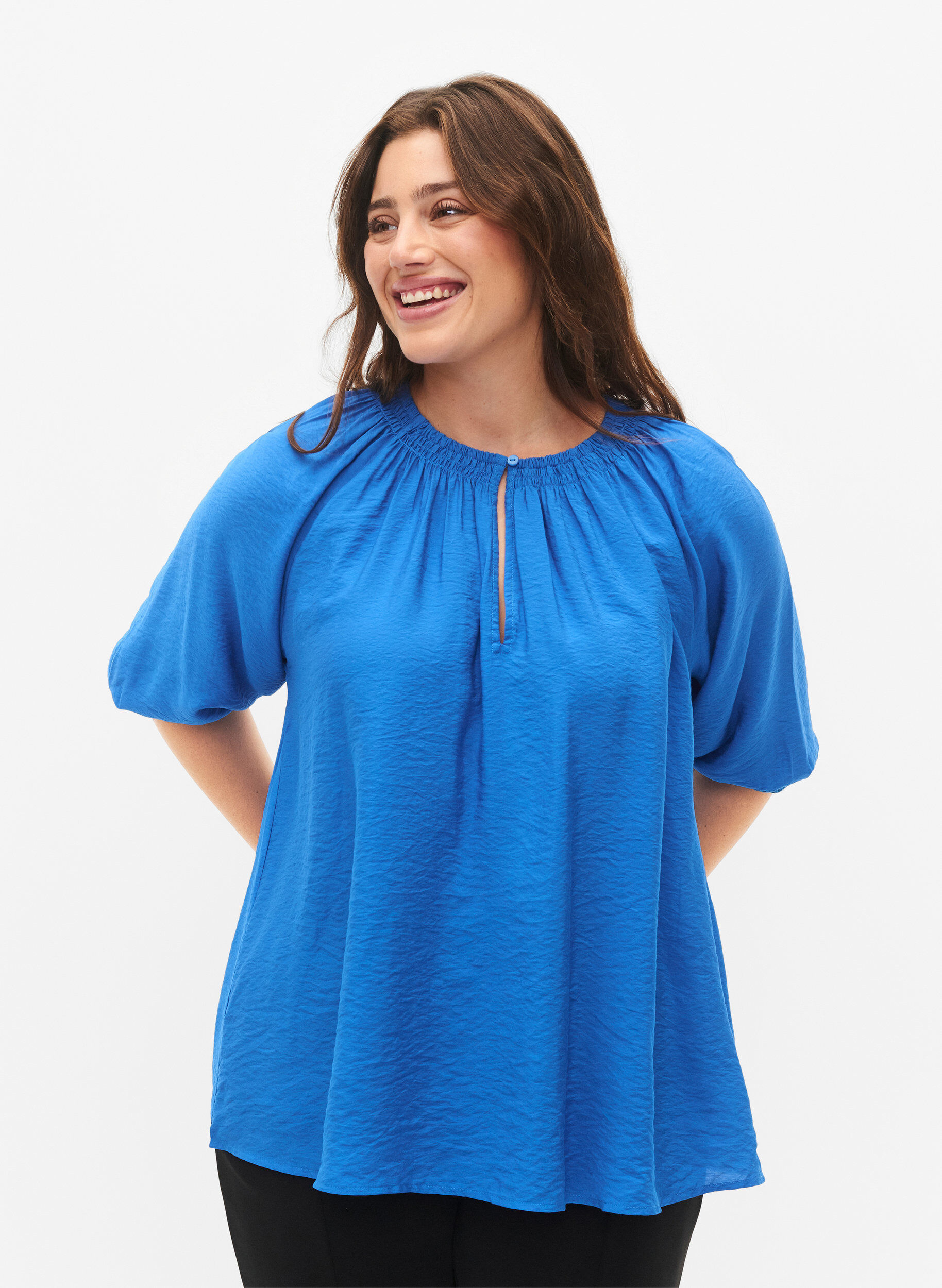 Zizzi A-f&ouml;rmige Viskosebluse mit 3/4 &Auml;rmeln, Strong Blue, Model image number 0