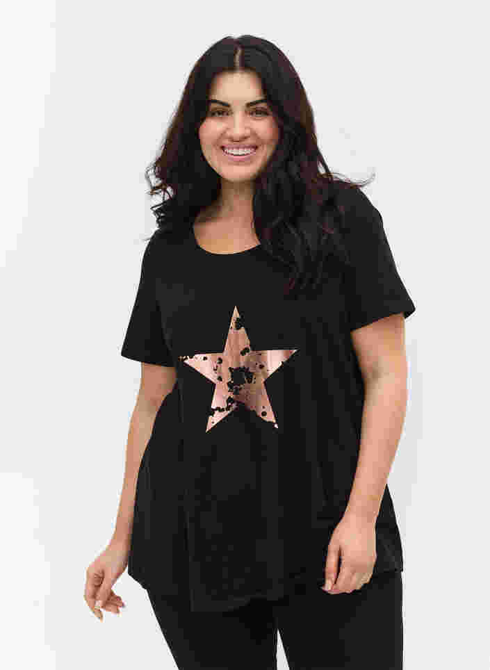 Kurzarm T-Shirt aus Baumwolle mit Aufdruck, Black w. star copper, Model