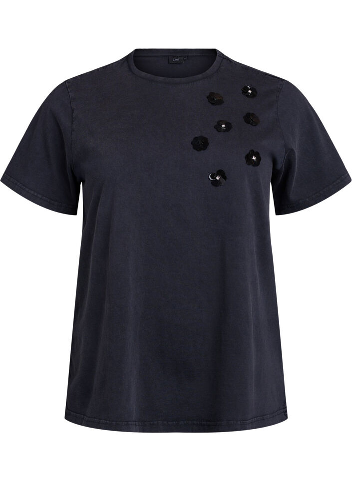 Gewaschenes T-Shirt mit Paillettenblüten, Grau, Packshot image number 0