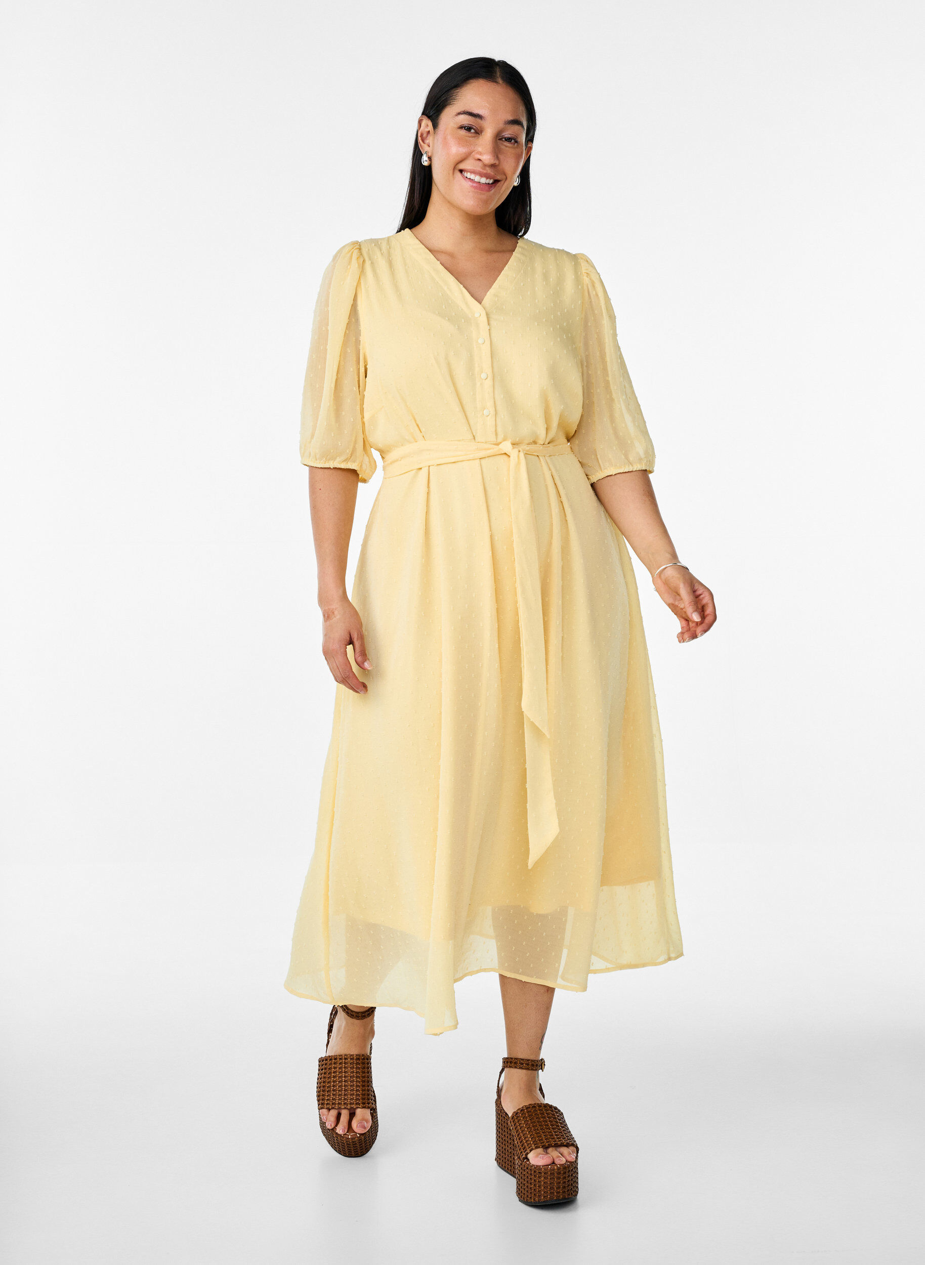 Zizzi Midi-Kleid mit V-Ausschnitt und Bindeband, Gelb, Model image number 0
