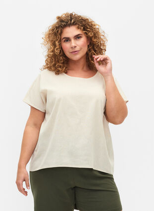 Kurzärmelige Bluse aus Baumwollmischung mit Leinen, Sandshell, Model image number 0