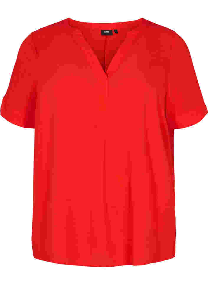 Kurzärmelige Bluse mit V-Ausschnitt, Fiery Red, Packshot image number 0