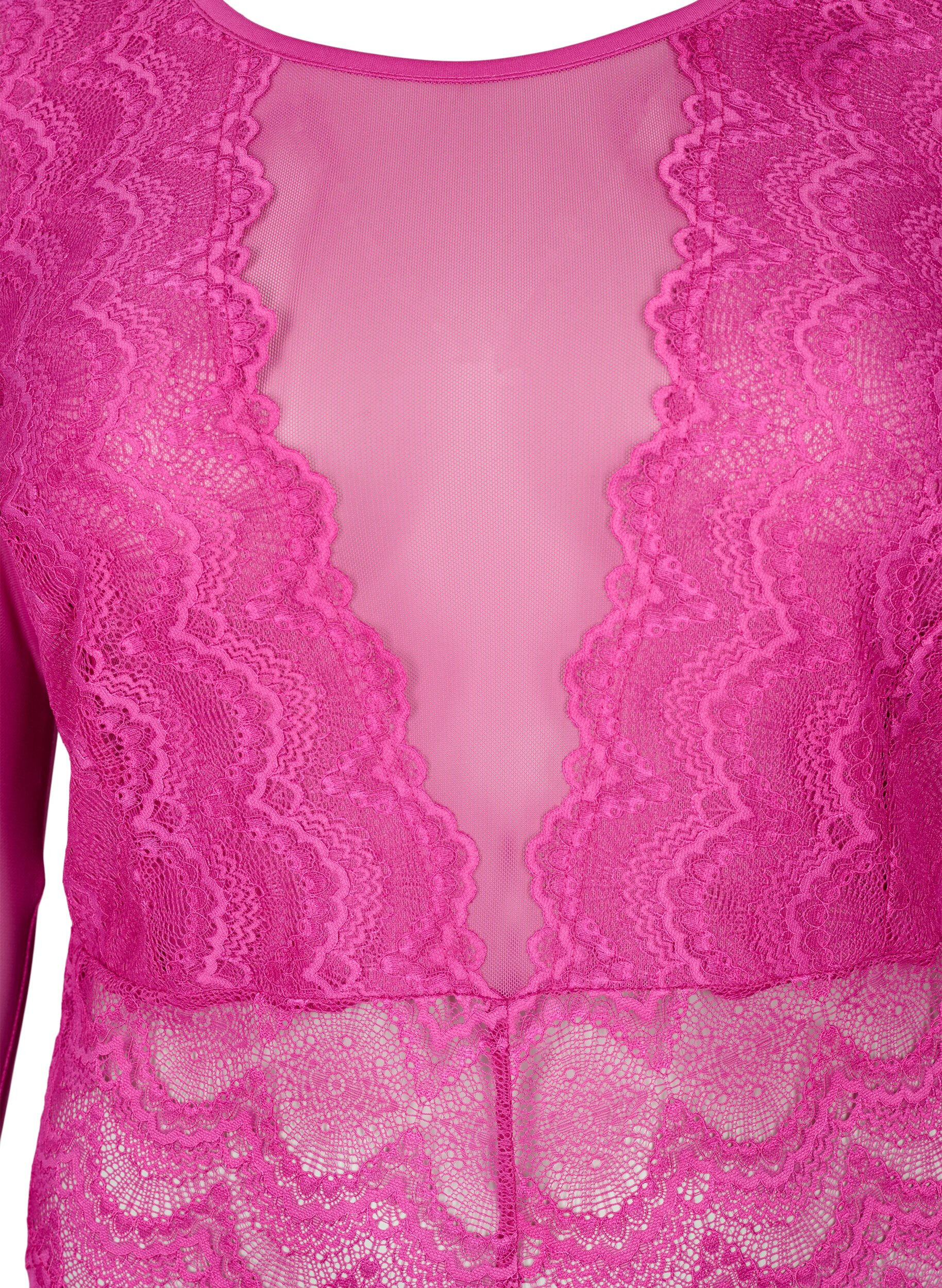 Zizzi Bodystocking mit Spitze und Mesh, Fuchsia Red, Packshot image number 2