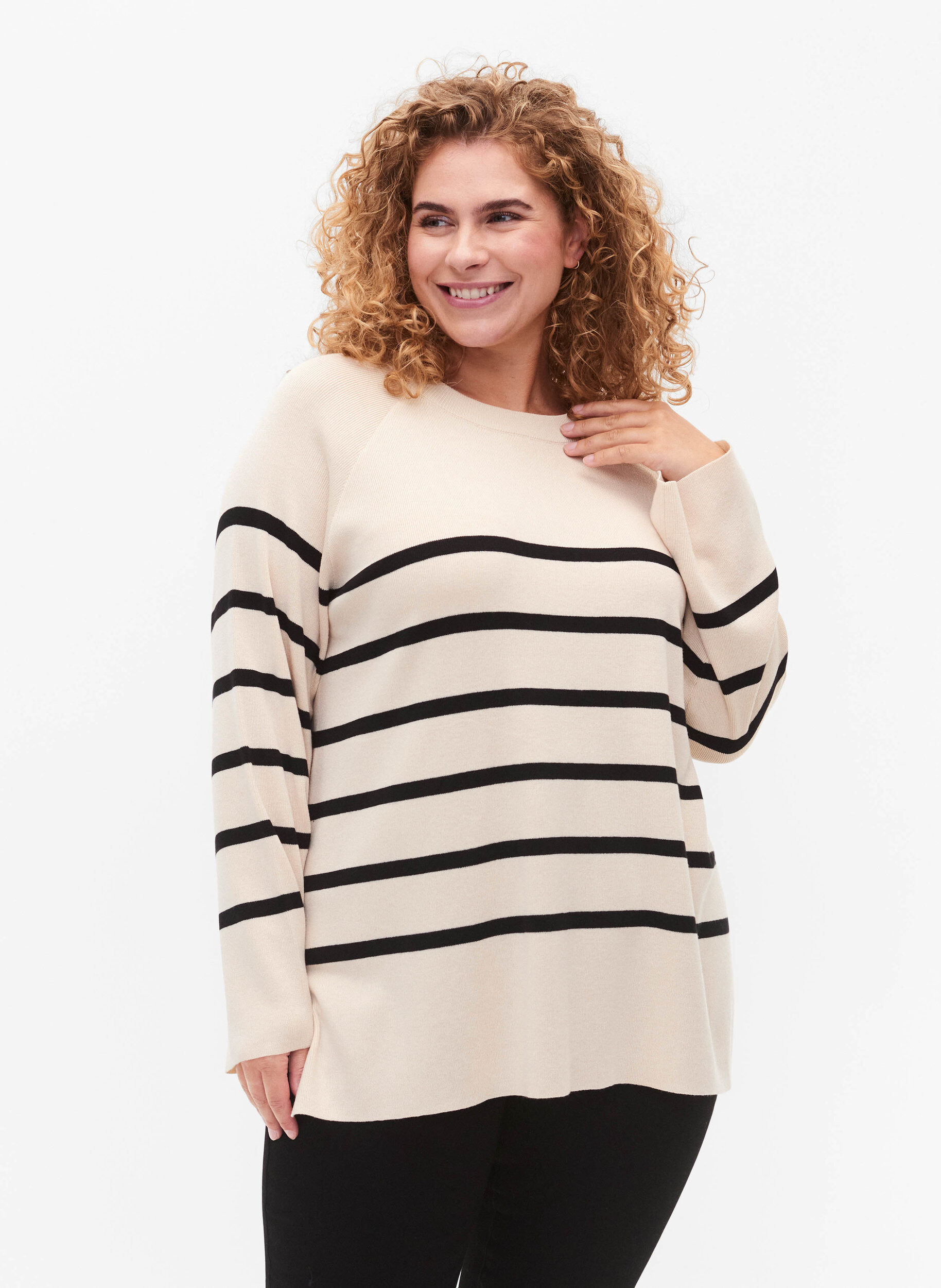 Zizzi Gestreifter Viskose-Pullover, Sandshell/Black S., Model image number 0