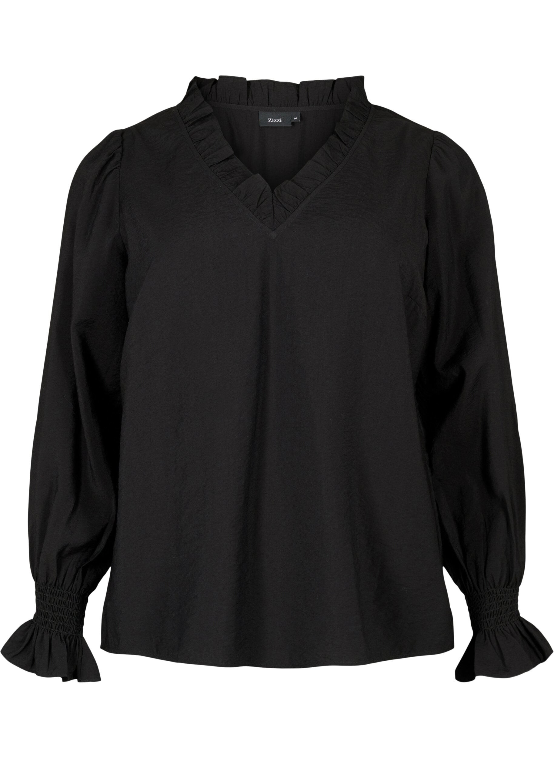 Zizzi Lang&auml;rmelige Viskosebluse mit R&uuml;schendetails, Black, Packshot image number 0