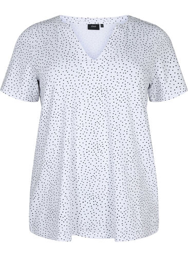 Baumwoll-T-Shirt mit Punkten und V-Ausschnitt, B.White/Black Dot, Packshot image number 0