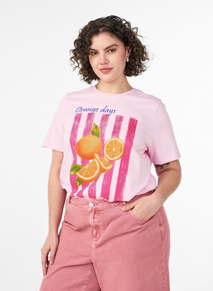 T-Shirt aus Bio-Baumwolle mit Frontprint, Pink, Model image number 0