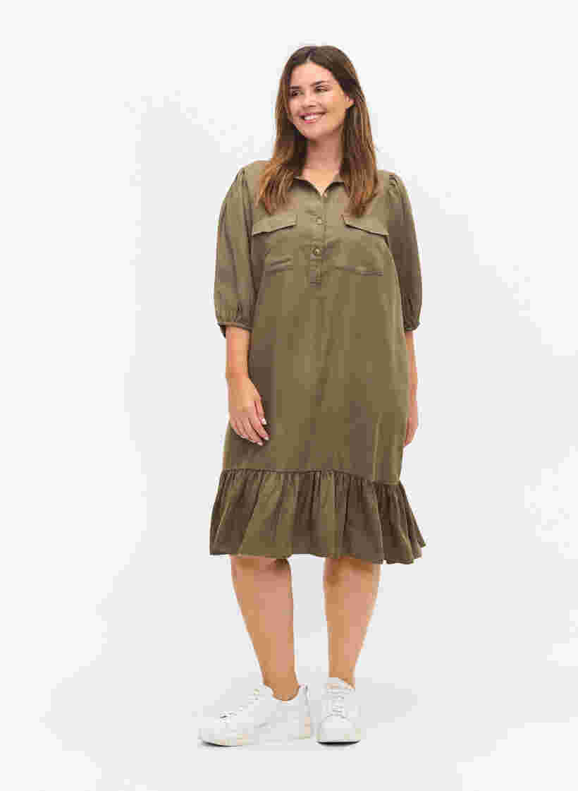 Kleid mit Rüschenbesatz und 3/4-Ärmeln, Dusty Olive, Model image number 2