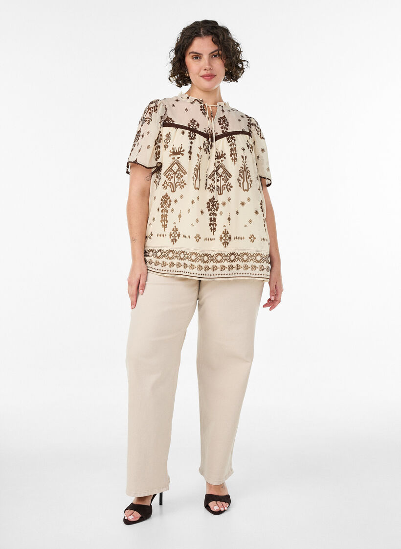 Bluse mit Muster und H&auml;kelborte, Beige, Model image number 1