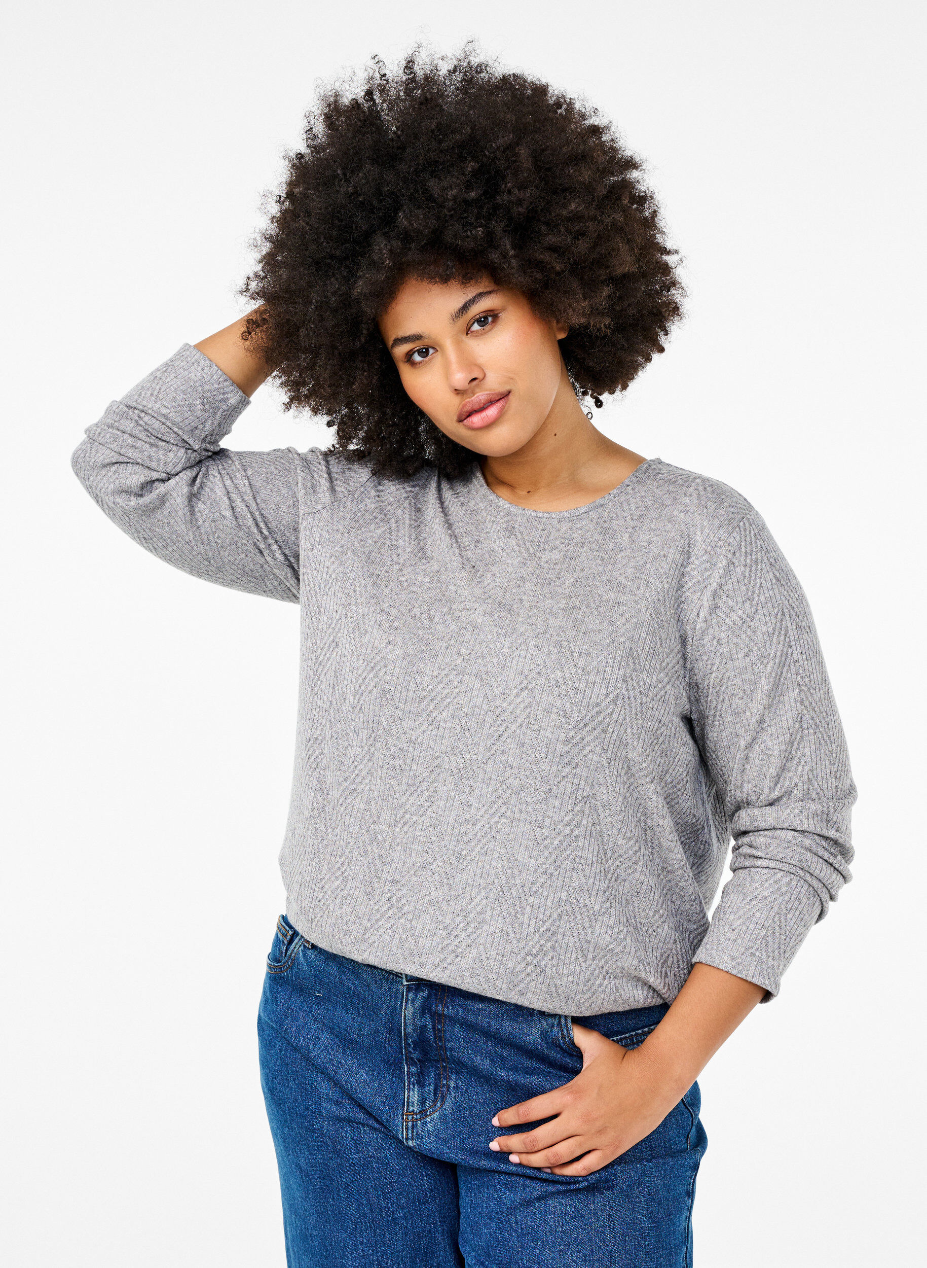 Zizzi Gemusterte Bluse mit langen &Auml;rmeln, Grau, Model image number 0