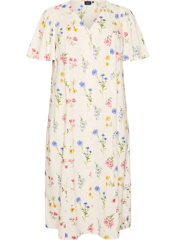 Midikleid aus Leinen und Viskose mit R&uuml;schen&auml;rmeln, Beige, Packshot image number 0