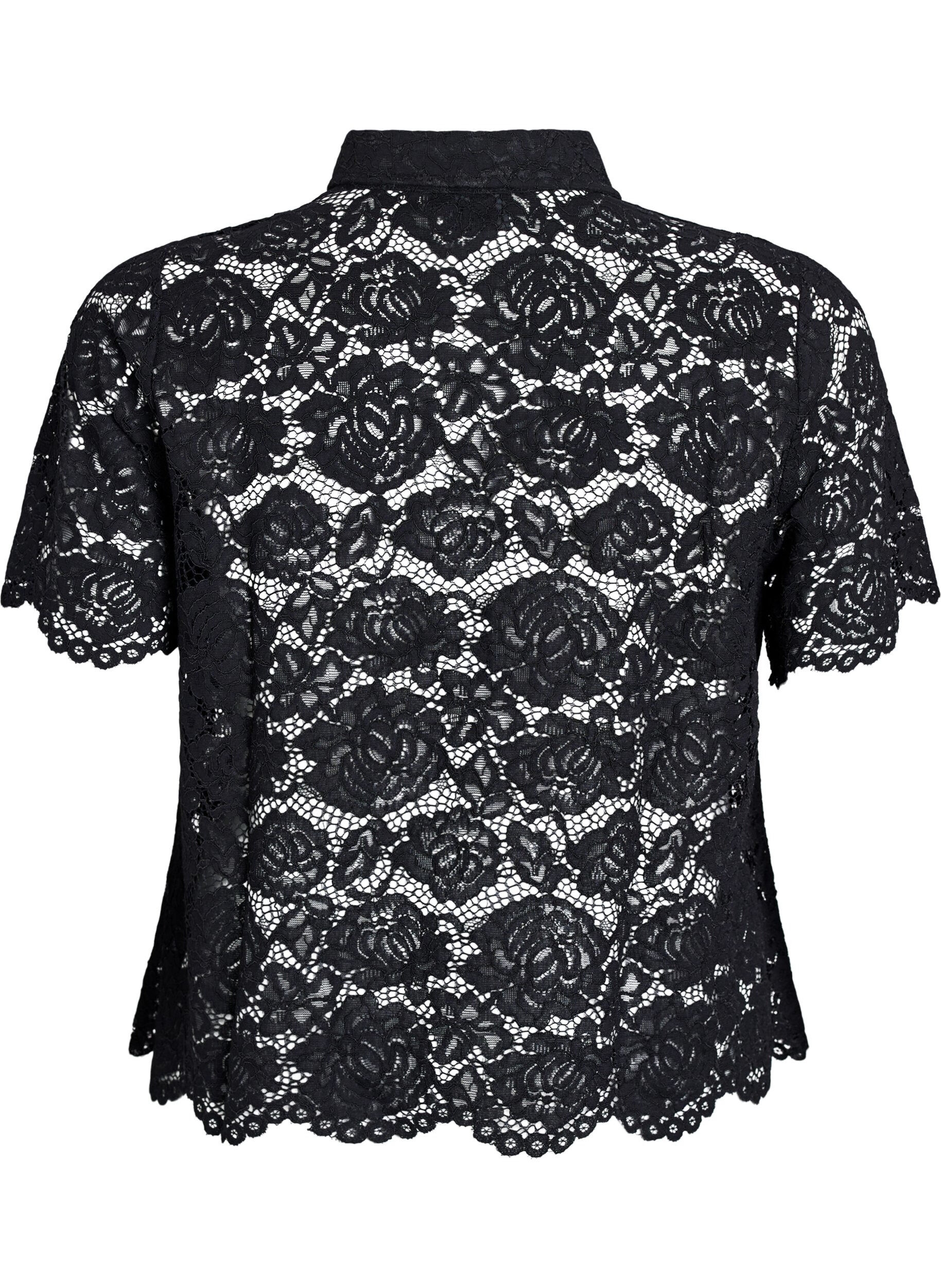 Zizzi Spitzen blusenshirt mit perlenkn&ouml;pfen, Schwarz, Packshot image number 1