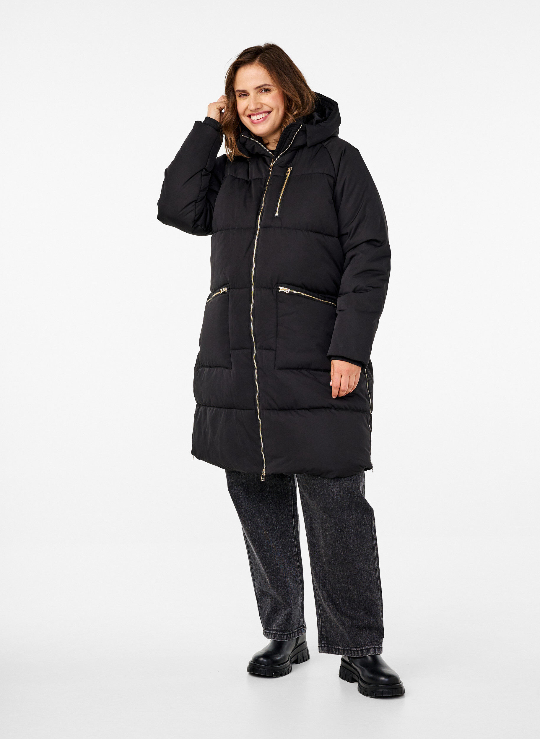 Zizzi Pufferjacke mit Kapuze, Schwarz, Model image number 1