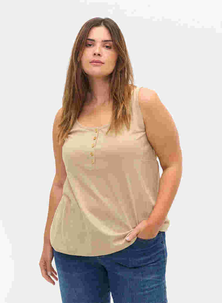 Einfarbiges Baumwolltop mit elastischem Bündchen, Humus, Model image number 0