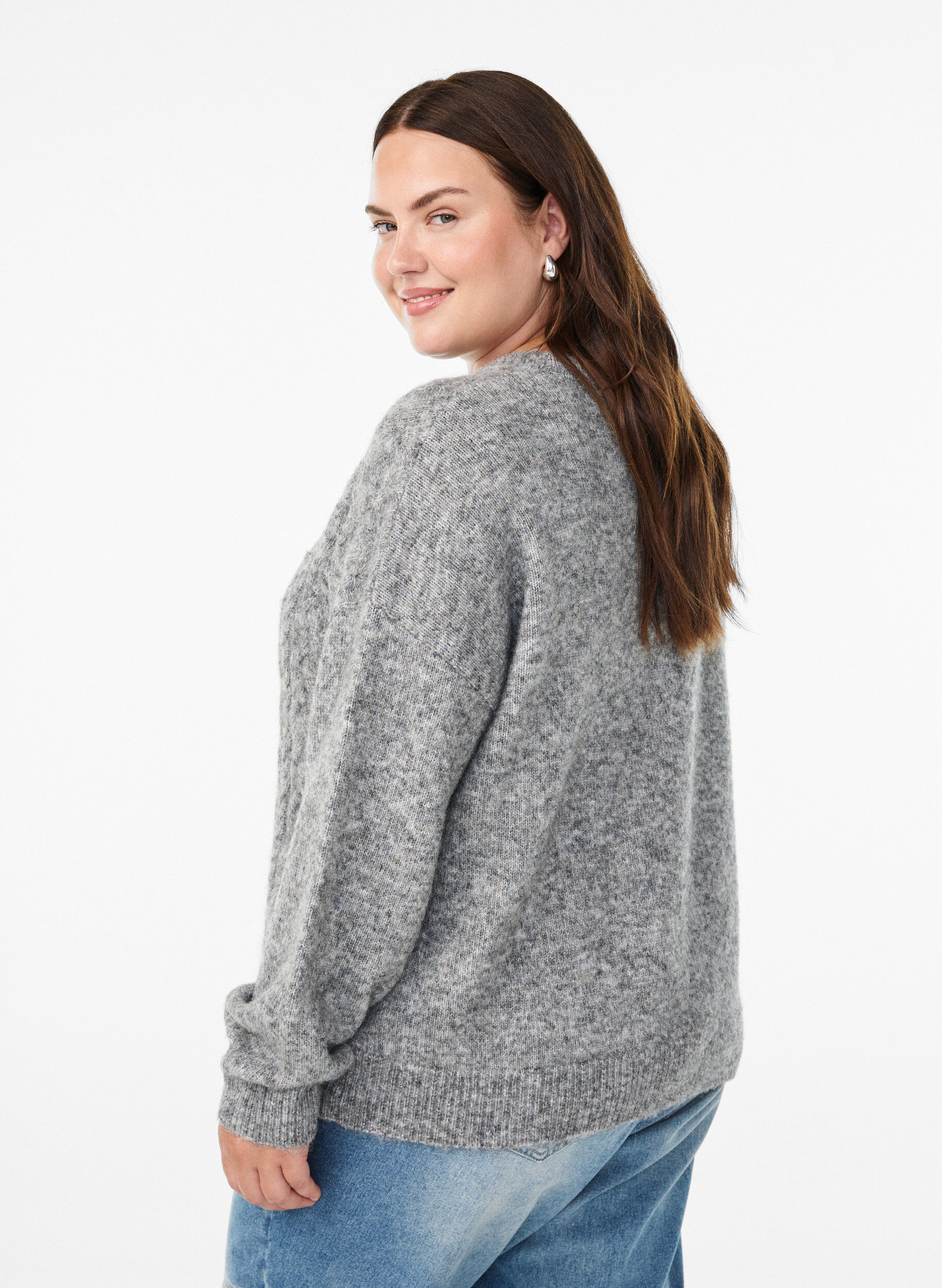 Zizzi Strickbluse mit Zopfmuster, Grau, Model image number 2