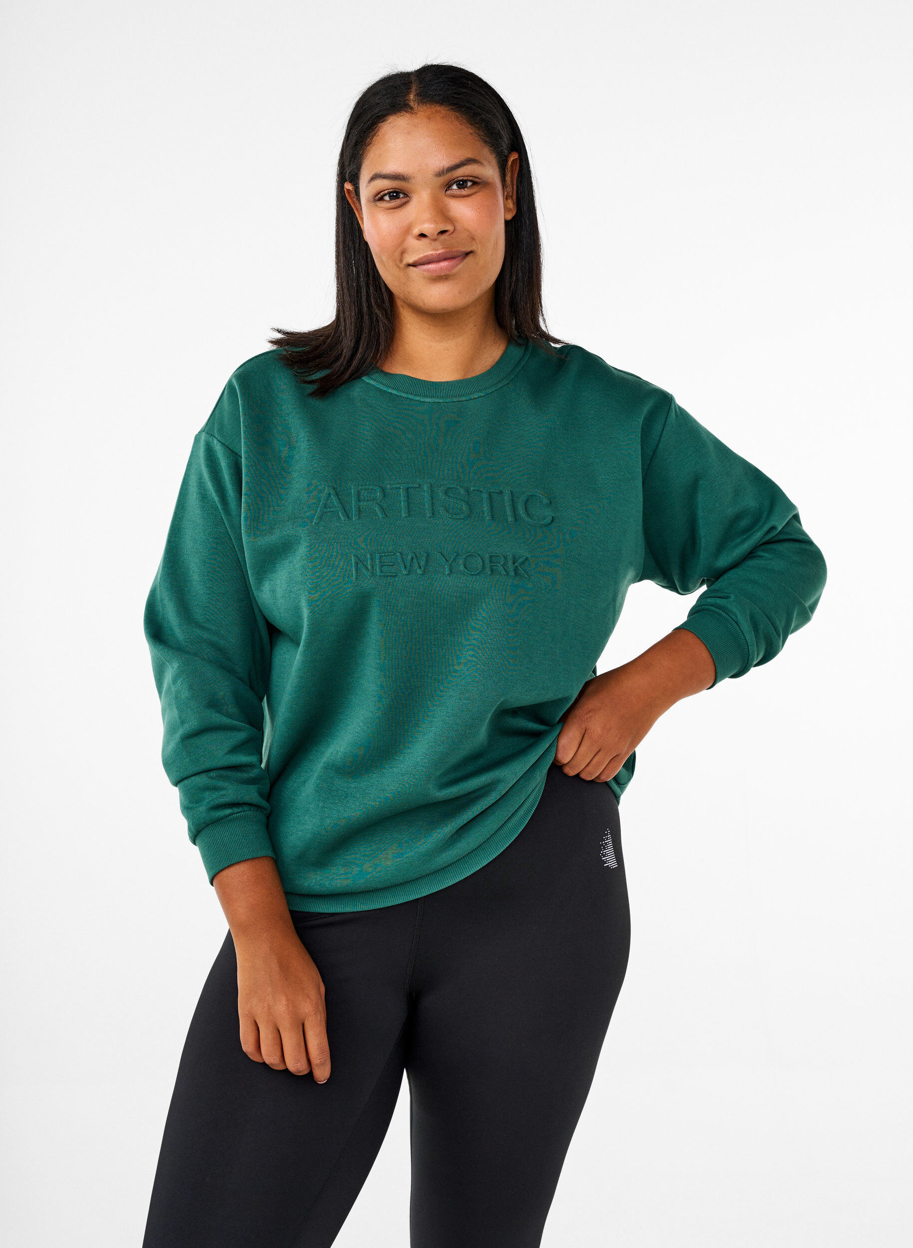 Zizzi Sweatshirt mit Frottee-Schriftzug, Gr&uuml;n, Model image number 0