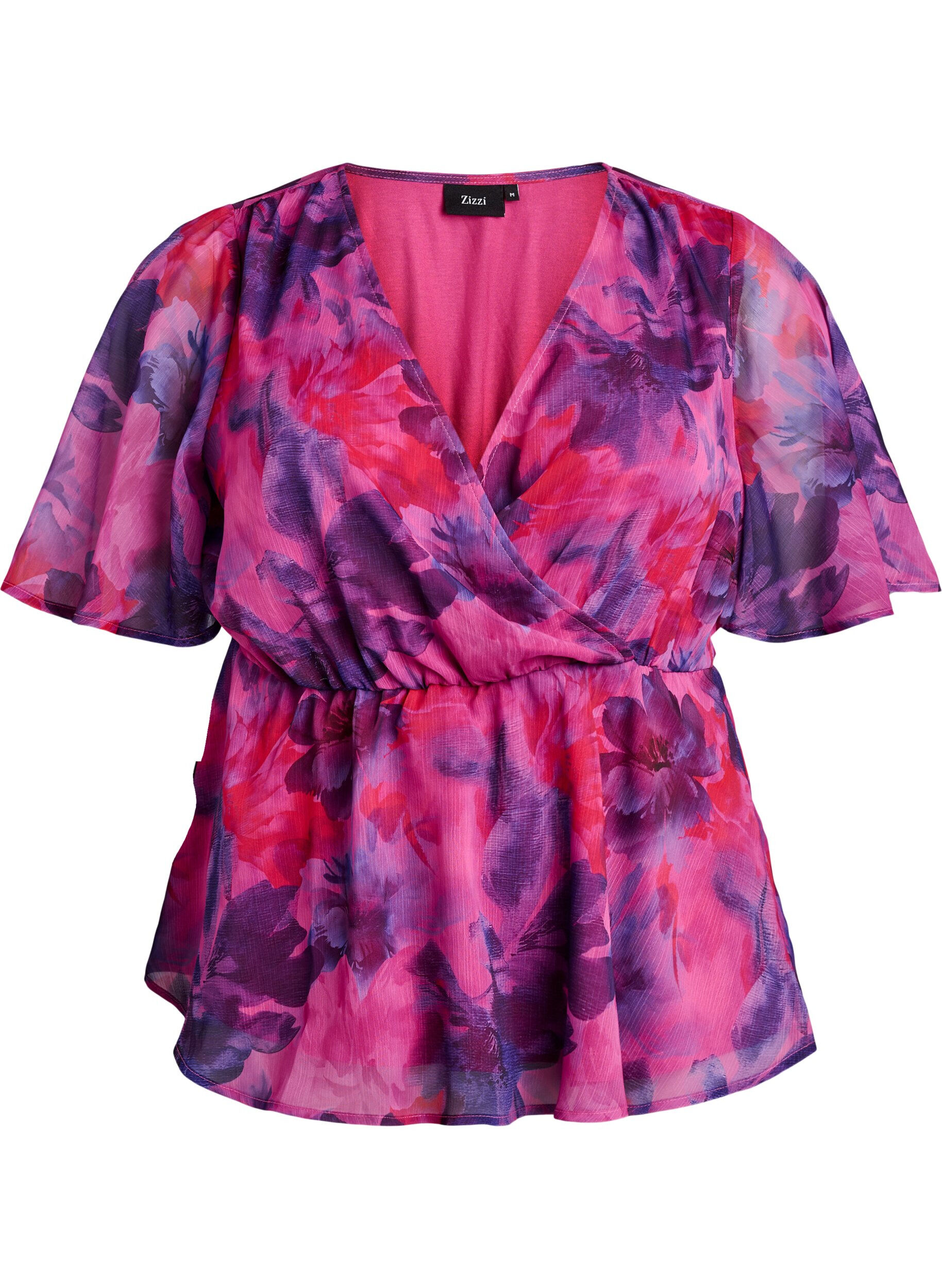 ZizziGebl&uuml;mte Chiffonbluse mit kurzen &Auml;rmeln, Rot, Packshot image number 0