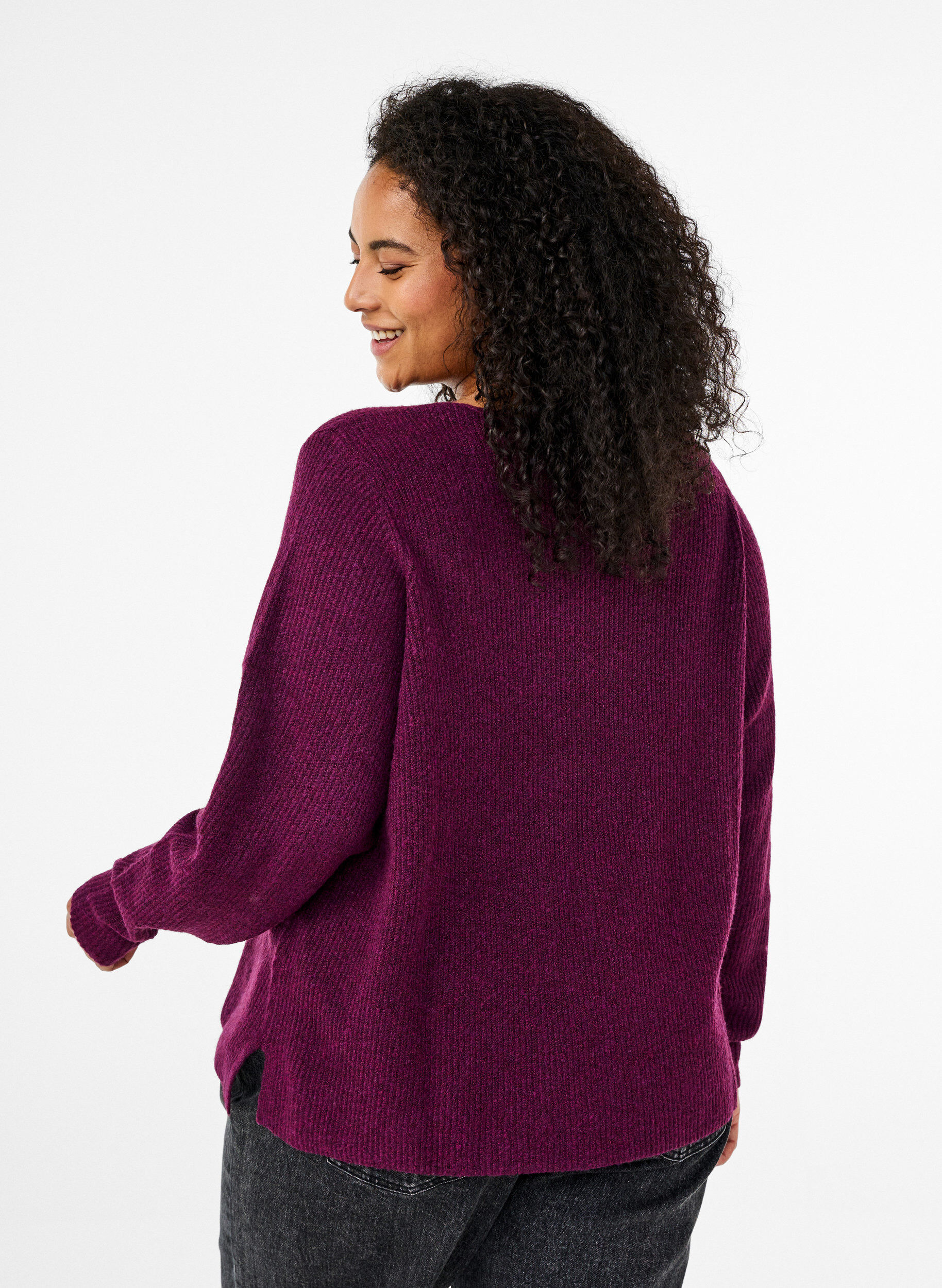 Zizzi Strickbluse mit V-Ausschnitt und langen &Auml;rmeln, Potent P. Black Mel., Model image number 1