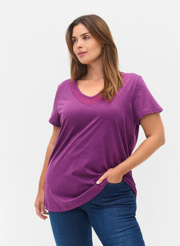 Kurzarm T-Shirt mit V-Ausschnitt und Mesh, Gloxinia, Model image number 0