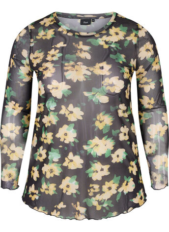 Enganliegende Mesh-Bluse mit Blumenmuster