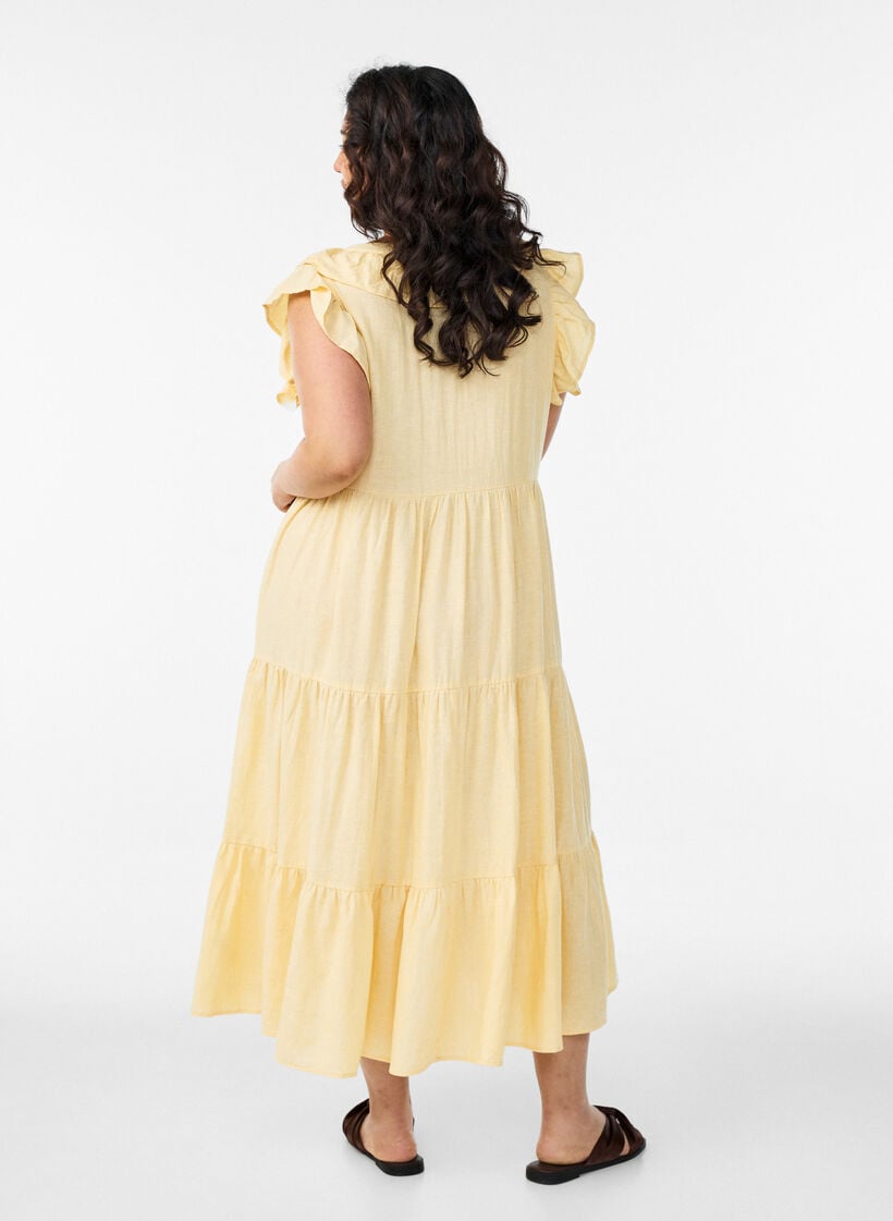 &Auml;rmelloses Midikleid aus Leinen und Viskose mit R&uuml;schen, Gelb, Model image number 1