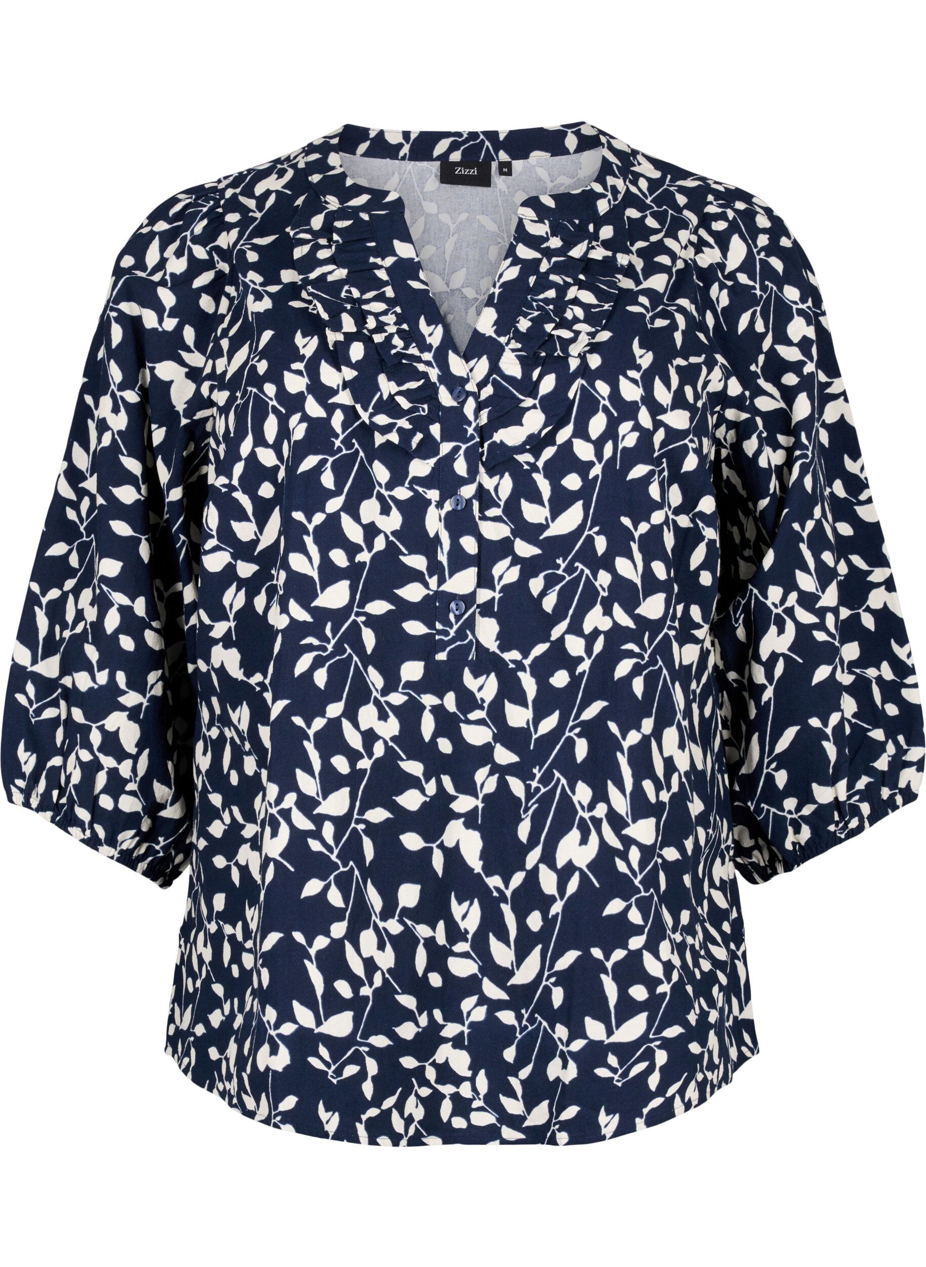 Zizzi Baumwollbluse mit 3/4-&Auml;rmeln und Aufdruck, Navy Blazer Leaf, Packshot image number 0