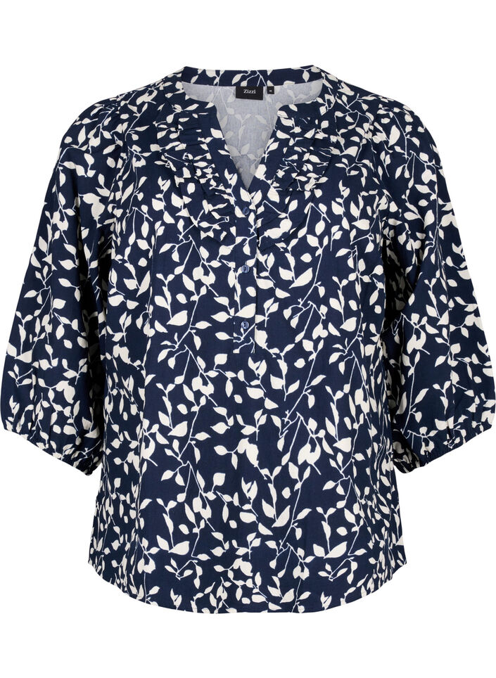 Baumwollbluse mit 3/4-&Auml;rmeln und Aufdruck, Navy Blazer Leaf, Packshot image number 0