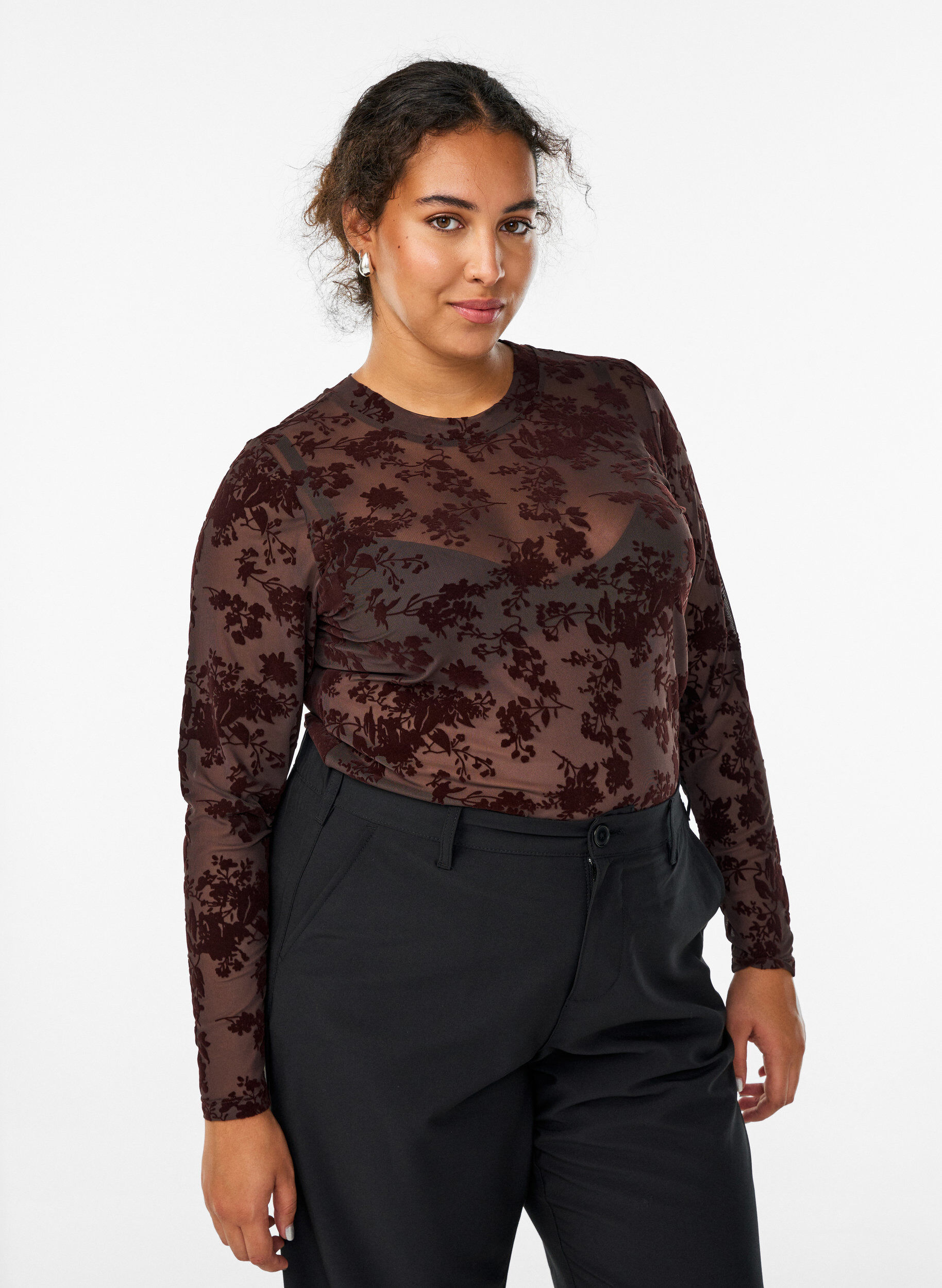 Zizzi Meshbluse mit Blumenmuster, Braun, Model image number 0