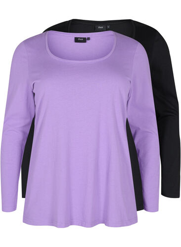 2er-Pack Basic-Bluse aus Baumwolle, Paisley Purple/Black, Packshot image number 0