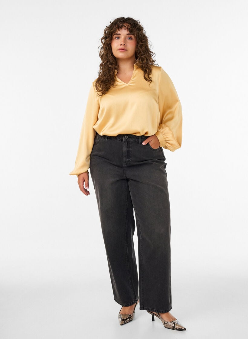 Bluse mit Hemdkragen und V-Ausschnitt, Gelb, Model image number 1