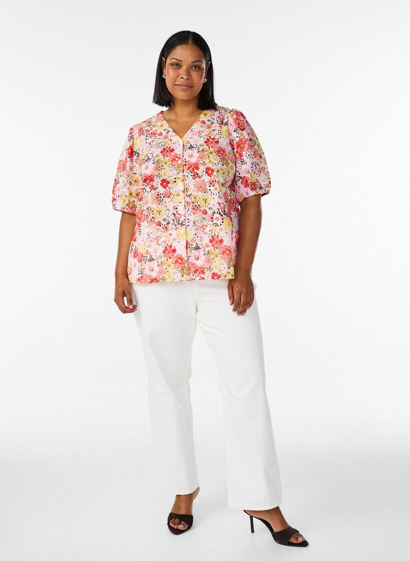 Gebl&uuml;mte Bluse mit Lochstickerei und V-Ausschnitt, Rot, Model image number 1