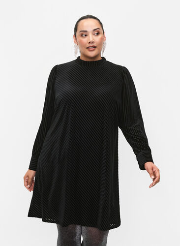 Strukturiertes Kleid aus Velours, Black, Model image number 0