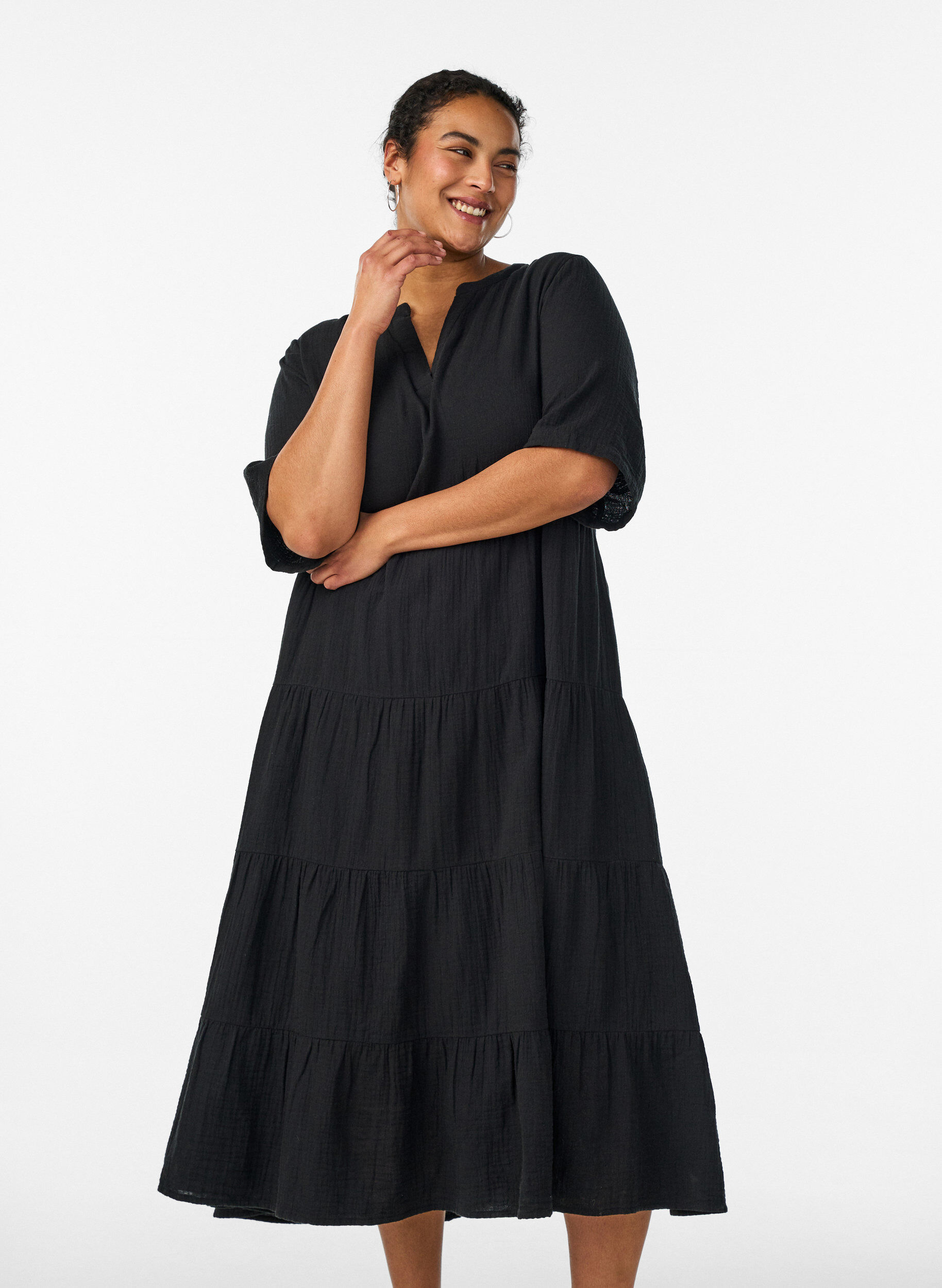 ZizziMidikleid in A-Linie aus Baumwoll-Musselin, Schwarz, Model image number 0