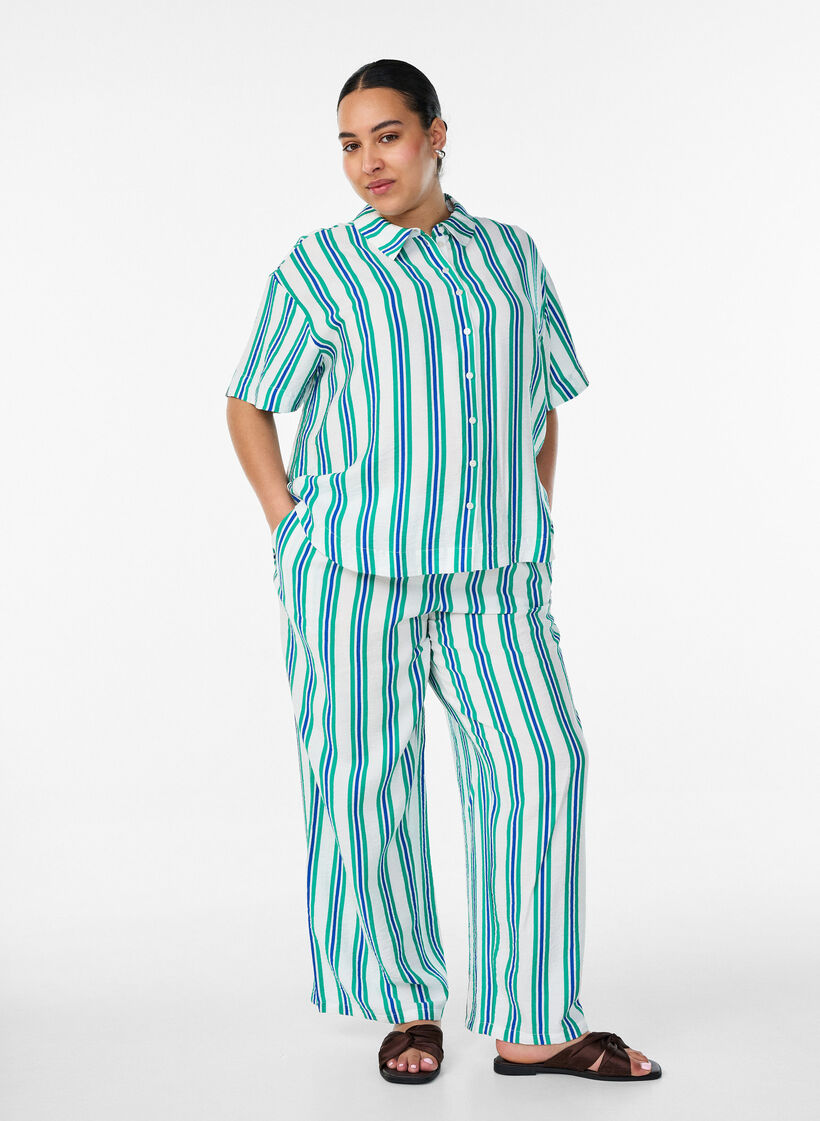 Gestreifte Bluse aus Viskose mit kurzen &Auml;rmeln, Vanille, Model image number 1