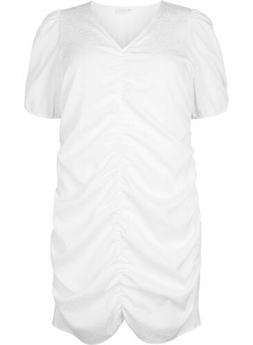 Kurzarm Kleid mit Drapierung und Struktur, Bright White, Packshot image number 0