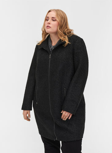 Mantel mit Wolle und Reißverschluss, Black, Model image number 0