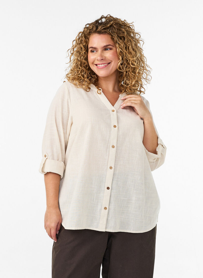 Baumwollbluse mit V-Ausschnitt, Vanille, Model image number 0