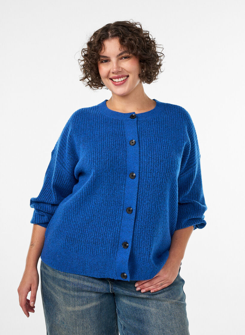 Rippenstrick Strickjacke mit Kn&ouml;pfen, Blau, Model image number 0
