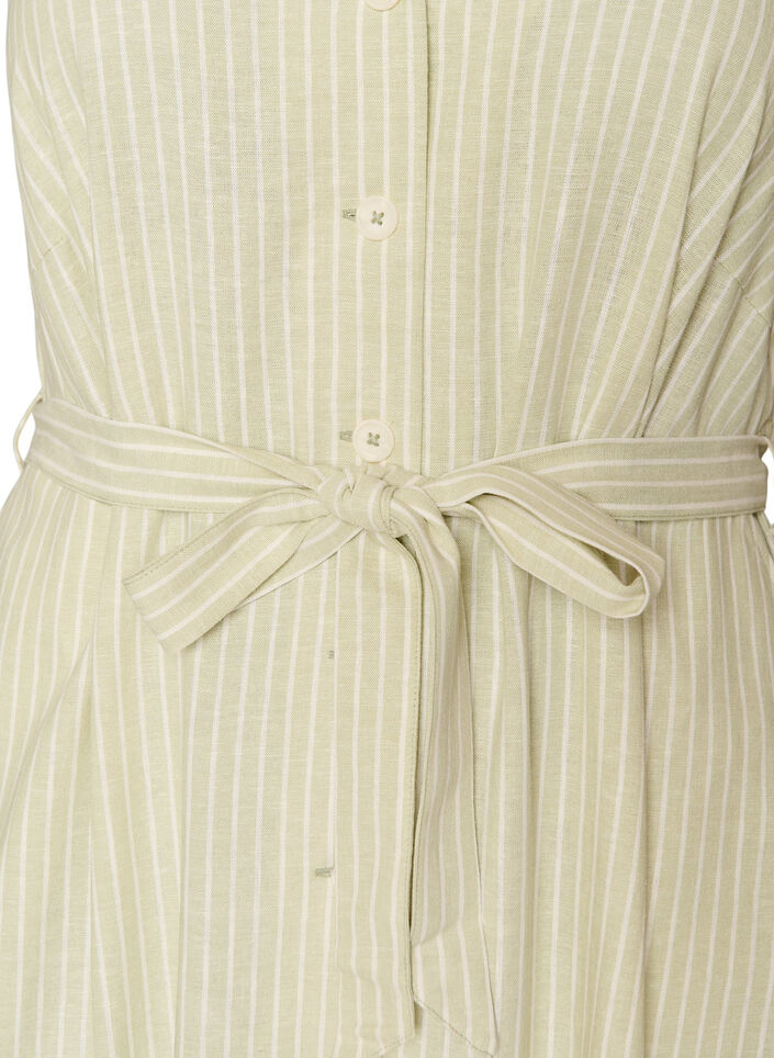 &Auml;rmelloses gestreiftes Midikleid aus Leinen und Viskose, Gr&uuml;n, Packshot image number 2