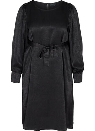 Kleid mit Struktur und Puffärmeln, Black, Packshot image number 0