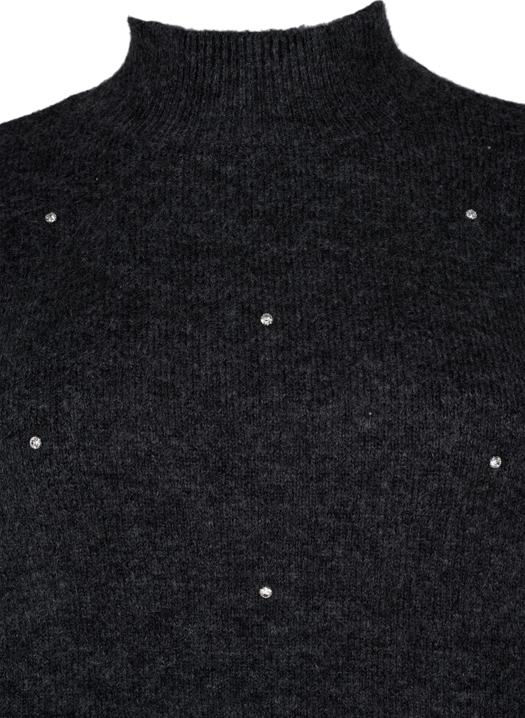 Zizzi  Strickbluse mit Strass und hohem Ausschnitt, Dark Grey Melange, Packshot image number 2