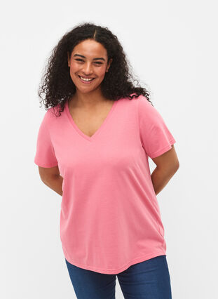 Kurzärmeliges T-Shirt mit V-Ausschnitt, Bubblegum Pink, Model image number 0