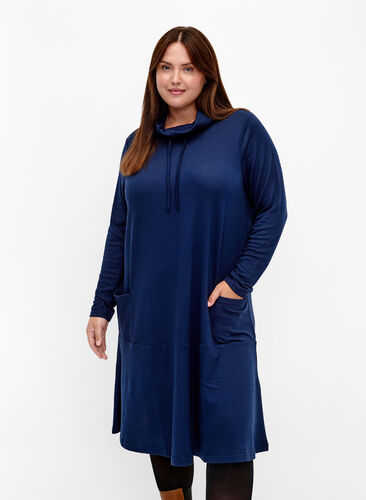 Hochgeschlossenes Jerseykleid mit Taschen, Dress Blues Mel., Model image number 0